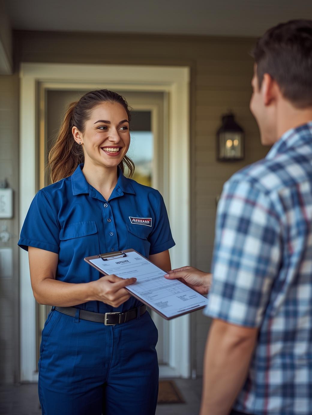 A friendly, trust-building shot of a technician and a smiling homeowner reviewing a transparent, value-focused invoice on the porch of a well-maintained McKinney home.