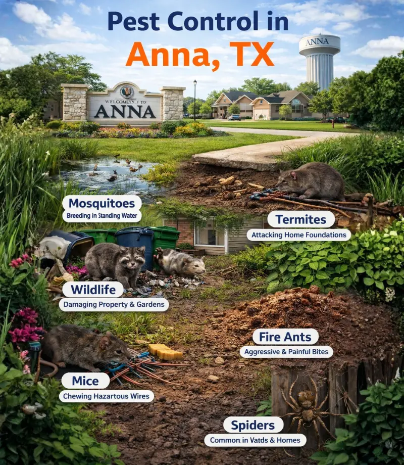 A collage representing pest control services in Anna, Texas, featuring the iconic Anna water tower, a local neighborhood entrance sign, and callouts for mosquitoes breeding in standing water, termites attacking foundations, and wildlife removal.