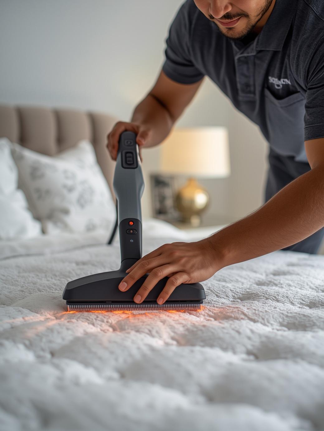 A detailed image of a technician using a high-temperature thermal steamer applicator along the seams of a mattress in a softly lit bedroom to eliminate bed bugs non-chemically.