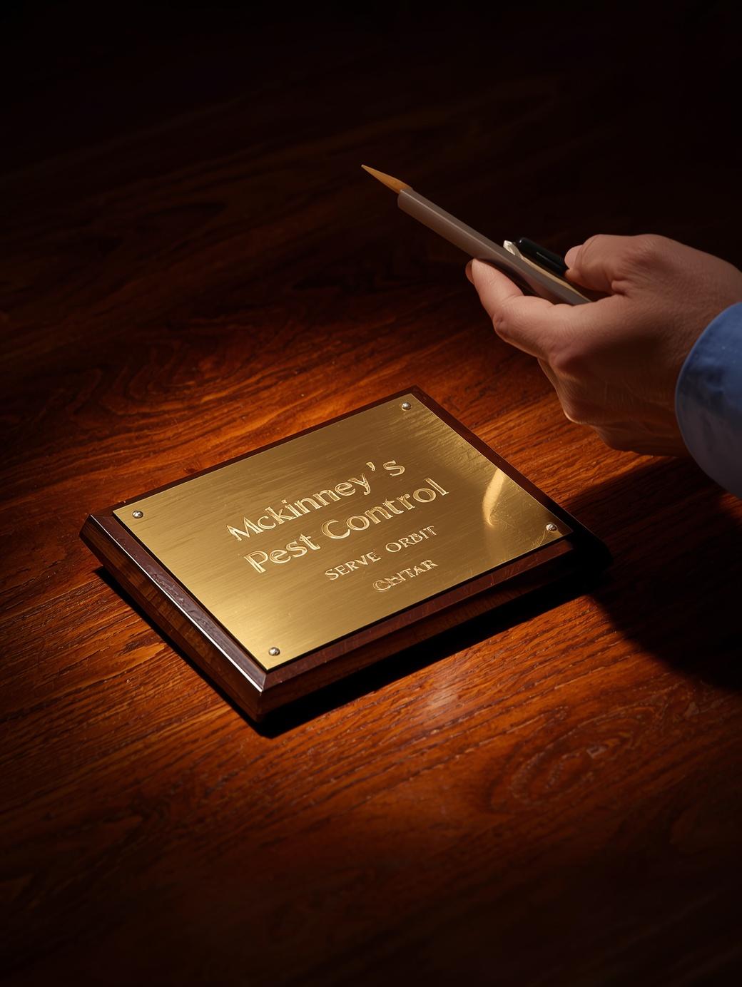 A detailed, high-resolution shot of a golden plaque on a polished surface etched with 'Best Pest Control Company in McKinney,' symbolizing our premium status and customer credentials.
