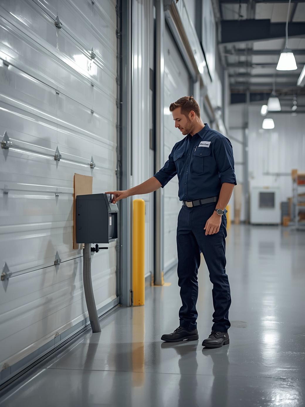 A technician from Serve Orbit inspects and services a discrete rodent bait station near a large bay door in a clean, professional commercial warehouse facility in McKinney.