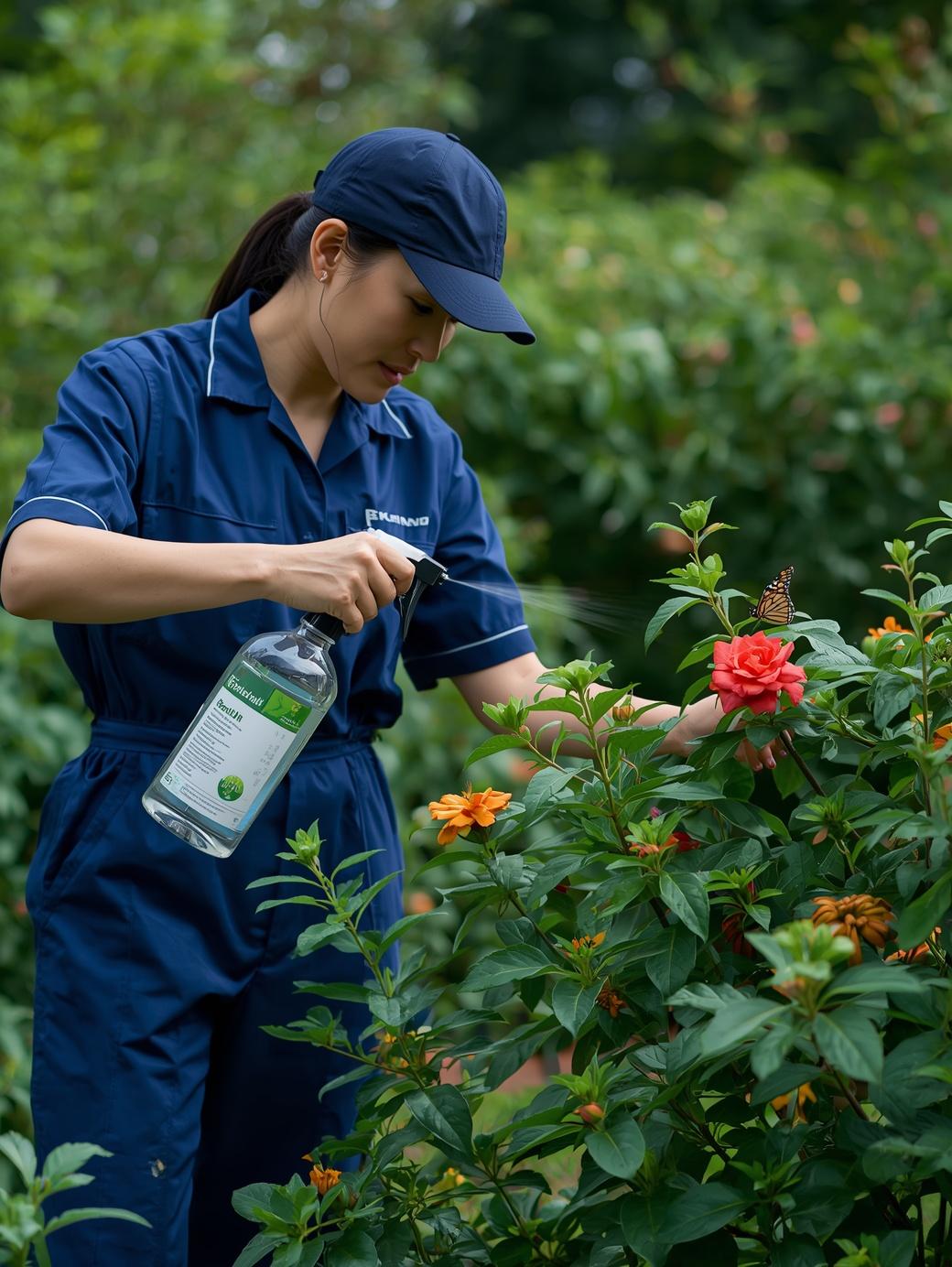 A bright photograph of a green McKinney garden where a technician is applying a botanical, plant-based pest spray to shrubs. A monarch butterfly is visible on a nearby flower, symbolizing environmental safety.
