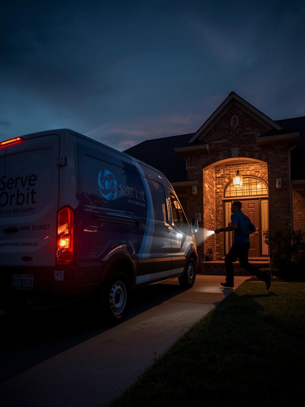 Serve Orbit service truck is parked with flashing soft lights outside a McKinney home at dusk, illustrating our 24/7 urgent response for a pest control emergency.