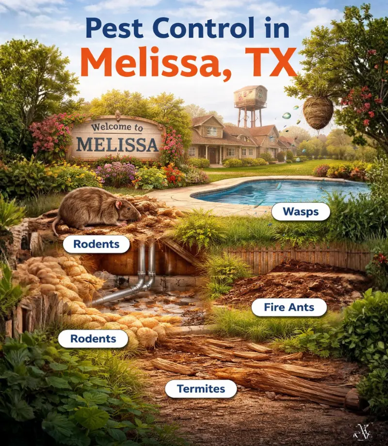 Professional pest control technician inspecting a residential backyard in Melissa, Texas, featuring a house with a pool and water tower in the background.