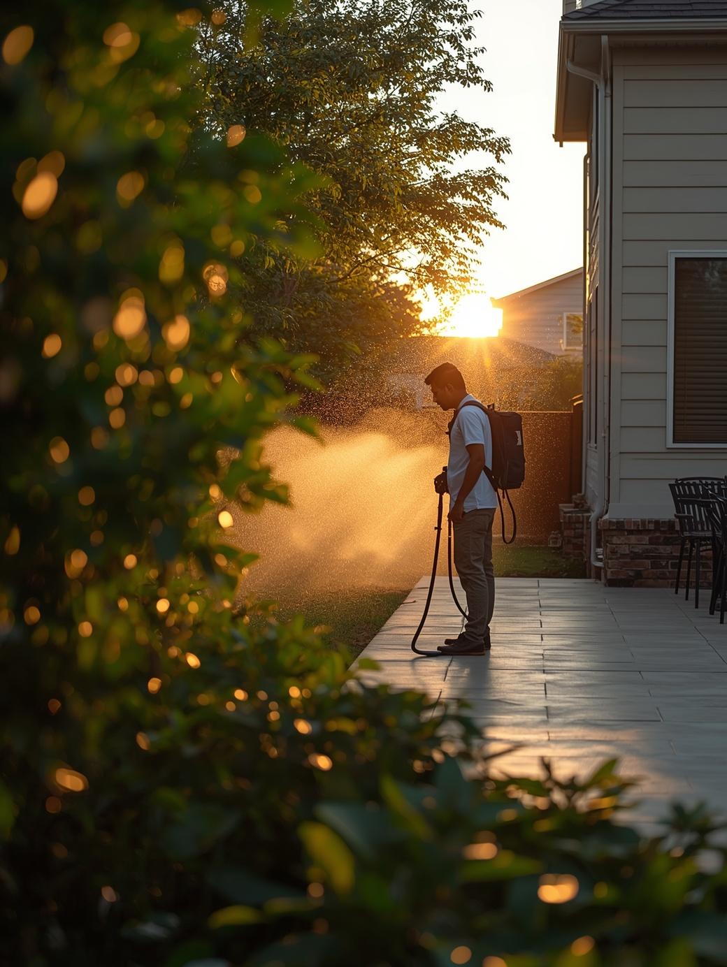 A beautiful shot of a lush, family backyard in McKinney at sunset, showing a technician in the background using a backpack misting machine to create a protective barrier against mosquitoes.