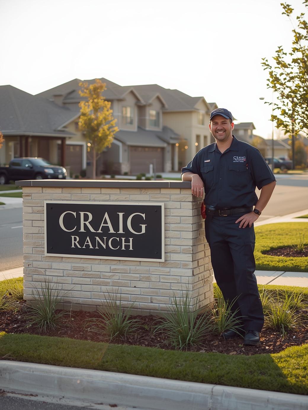 A photograph capturing a technician next to a service vehicle near the iconic Craig Ranch community entry sign in McKinney, illustrating our localized neighborhood service area.