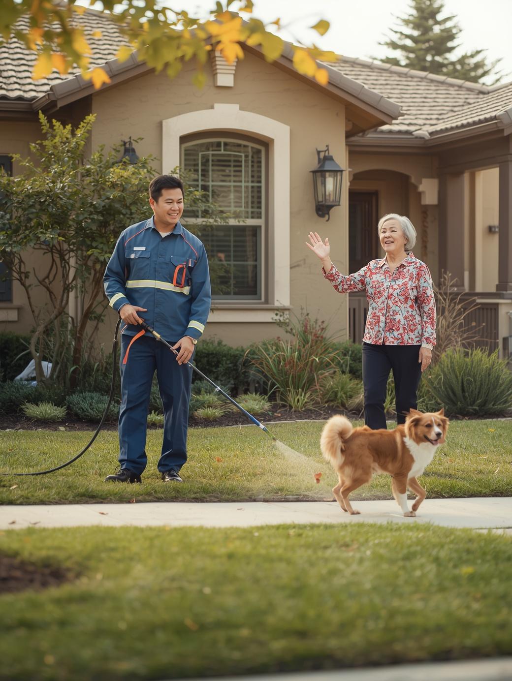 A photograph of the family-friendly community feel in Eldorado, showing a technician performing a perimeter spray around a home while a neighbor walks by with a dog and waves, symbolizing local neighborhood trust.