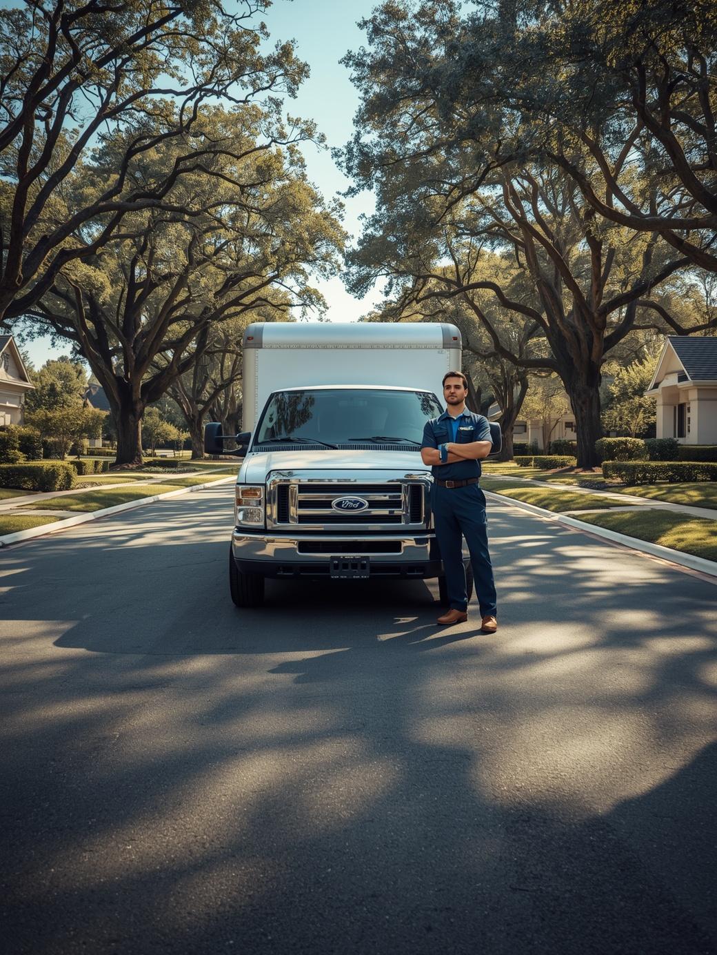 A sophisticated, calm shot of a Serve Orbit service truck parked on a wide, quiet street in Stonebridge Ranch, with large, high-end family estates and mature oak trees in the background, showing specialized care for large properties.