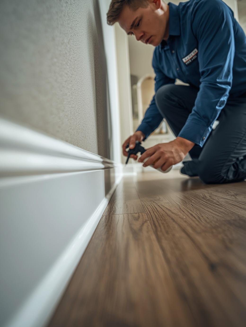 A close-up view of a professional technician precisely applying a family-safe pest control barrier along the baseboards of a modern, clean living room in a McKinney home.