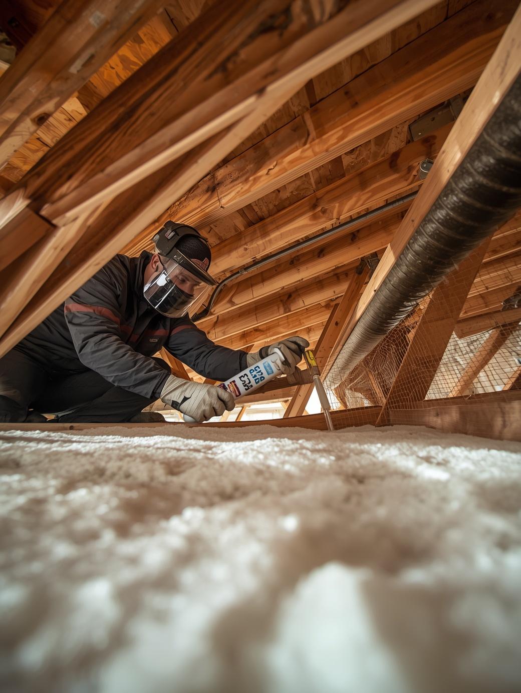 A detailed image taken in a clean McKinney attic or crawlspace, showing a focused technician expertly sealing potential rodent entry gaps with specialized copper mesh and sealant.