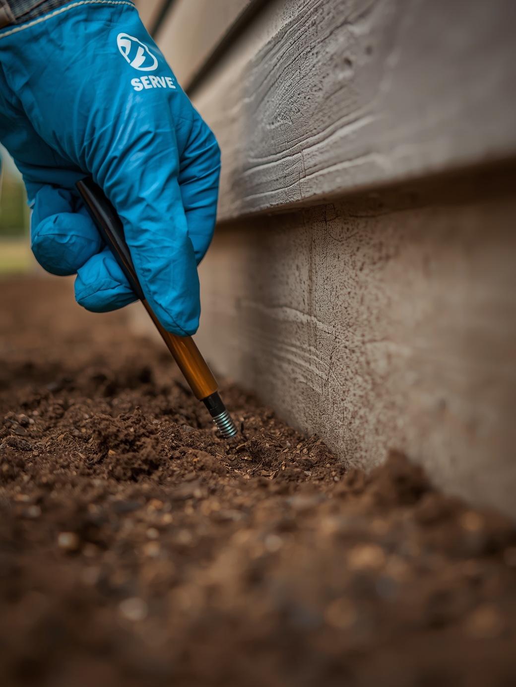 An extreme macro shot of a technician's hand (Serve Orbit glove) carefully installing a professional termite bait station directly into the soil next to a home's concrete foundation in McKinney.